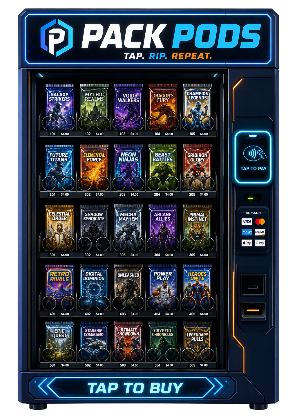 Pack Pods trading-card vending machine stocked with card packs